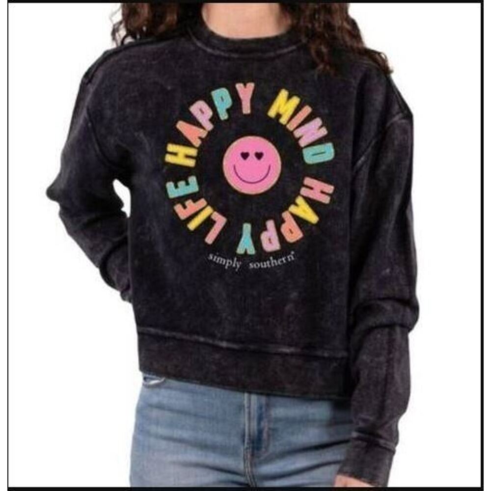 Simply Southern Sweatshirt Happy Mind Happy Life Womens Medium Gray Cropped‎